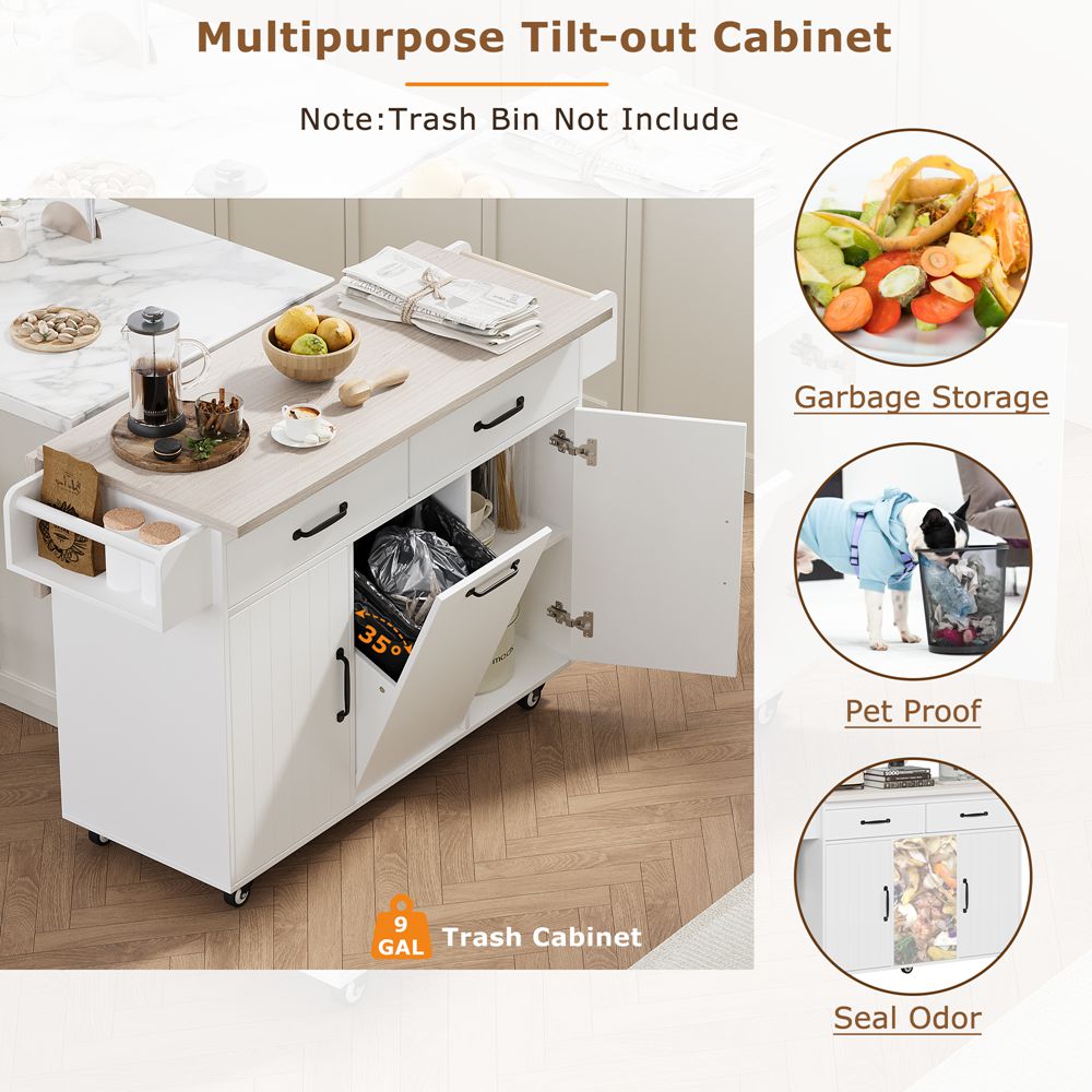 Runesay White Mdf Base with Mdf Wood Top Rolling Kitchen Island (20.55-in x 51.06-in x 35.04-in)