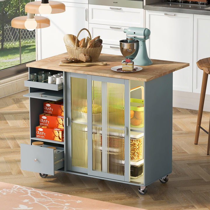 Bayfeve Grey Blue Kitchen Island with Drop Leaf, LED Light Kitchen Cart on Wheels with 2 Fluted Glass Doors and 1 Flip Cabinet Door, Large Kitchen Island Cart with an Adjustable Shelf and 2 Drawers