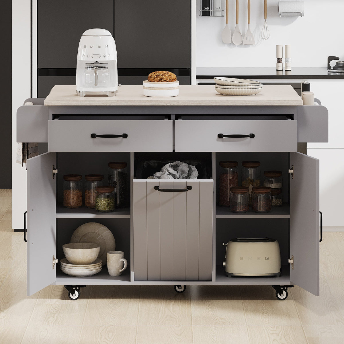 Bayfeve Kitchen Island with Trash Can Storage Cabinet, Kitchen Cart with Drop Leaf, Spice Rack, Towel Rack and Drawer, Rolling Kitchen Island on Wheels with Adjustable Shelf, Grey