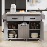 Bayfeve Kitchen Island with Trash Can Storage Cabinet, Kitchen Cart with Drop Leaf, Spice Rack, Towel Rack and Drawer, Rolling Kitchen Island on Wheels with Adjustable Shelf, Grey