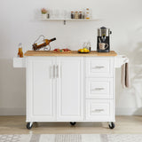 Bayfeve White Rolling Kitchen Island with Drop Leaf Countertop, with Storage Cabinet and Tower Rack
