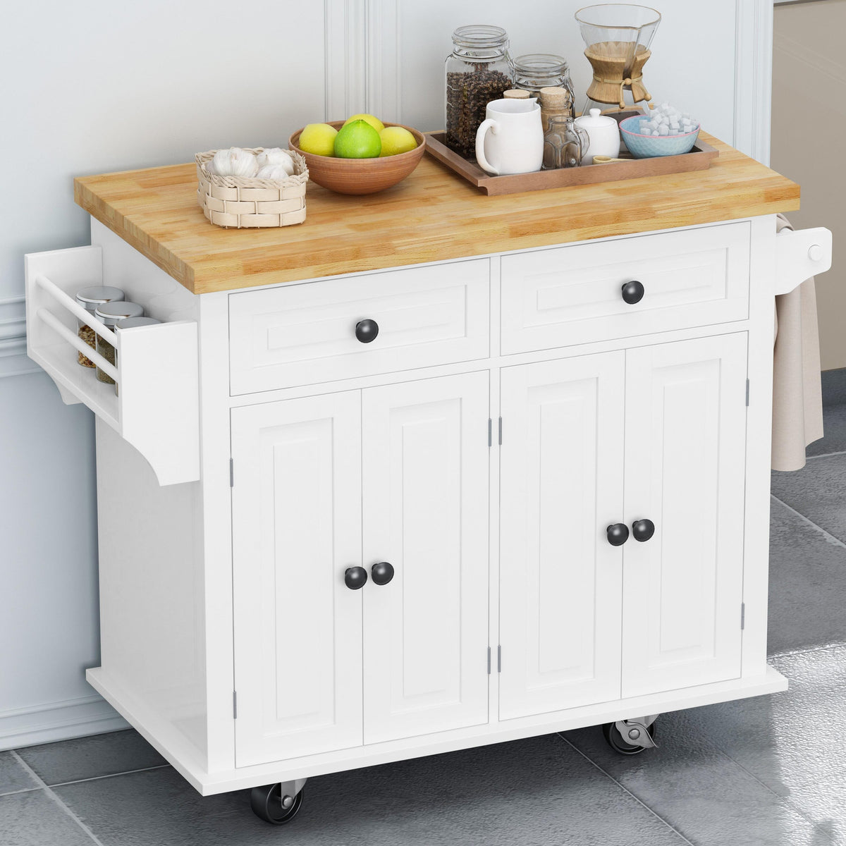 Bayfeve White 43.31 Inch Kitchen Island Cart with Two Storage Cabinets and Two Locking Wheels, 4 Door Cabinet and Two Drawers, Spice Rack, Towel Rack