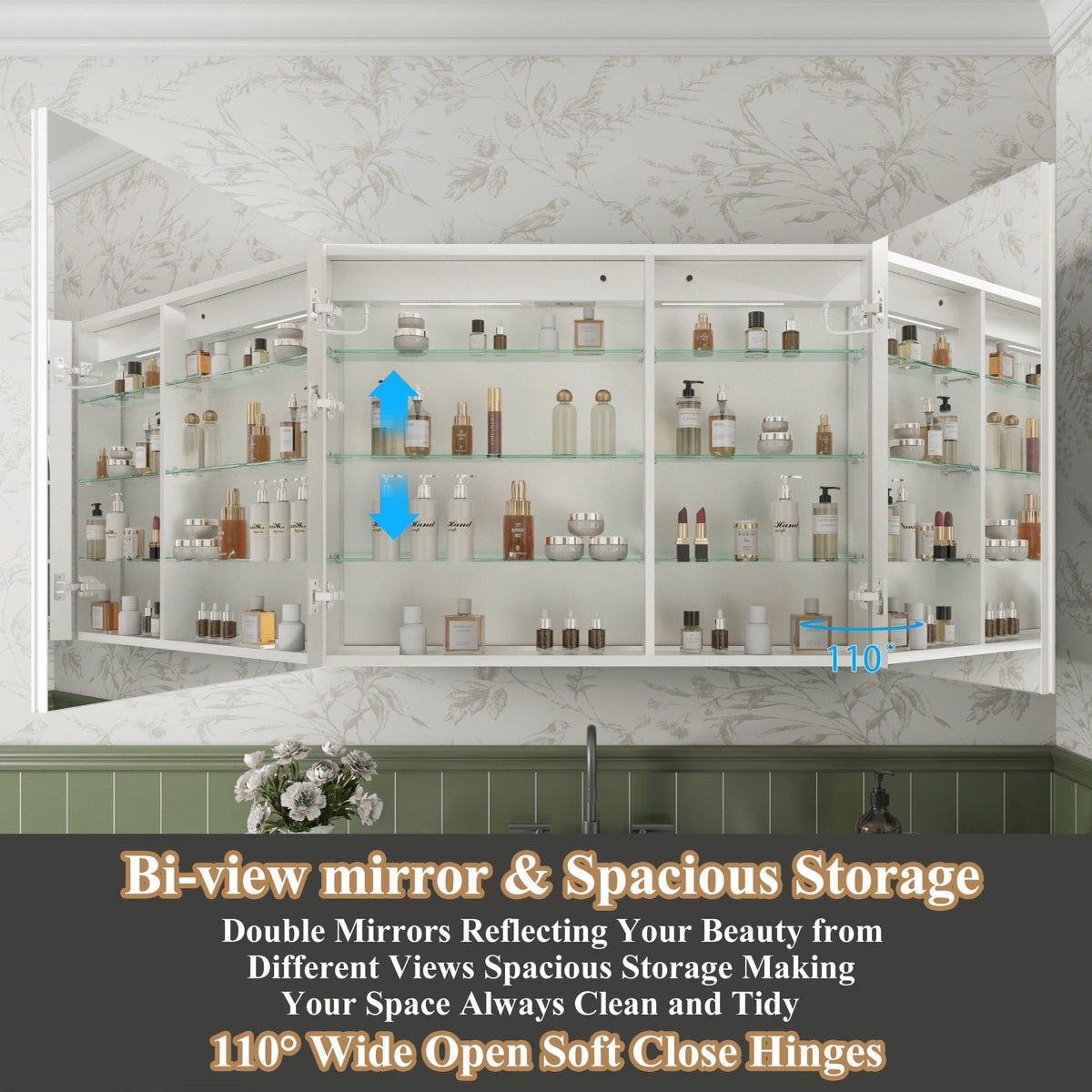 ExBrite Luvia 40-in x 30-in Lighted LED Fog Free Surface/Recessed Mount Silver Mirrored Soft Close Medicine Cabinet with Outlet