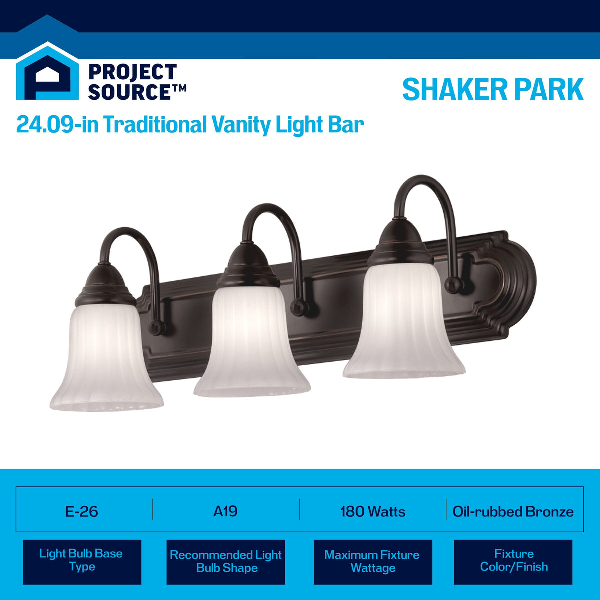 Portfolio Shaker Park 3-Light 24.09-in Oil-Rubbed Bronze Vanity Light with White Glass Shades