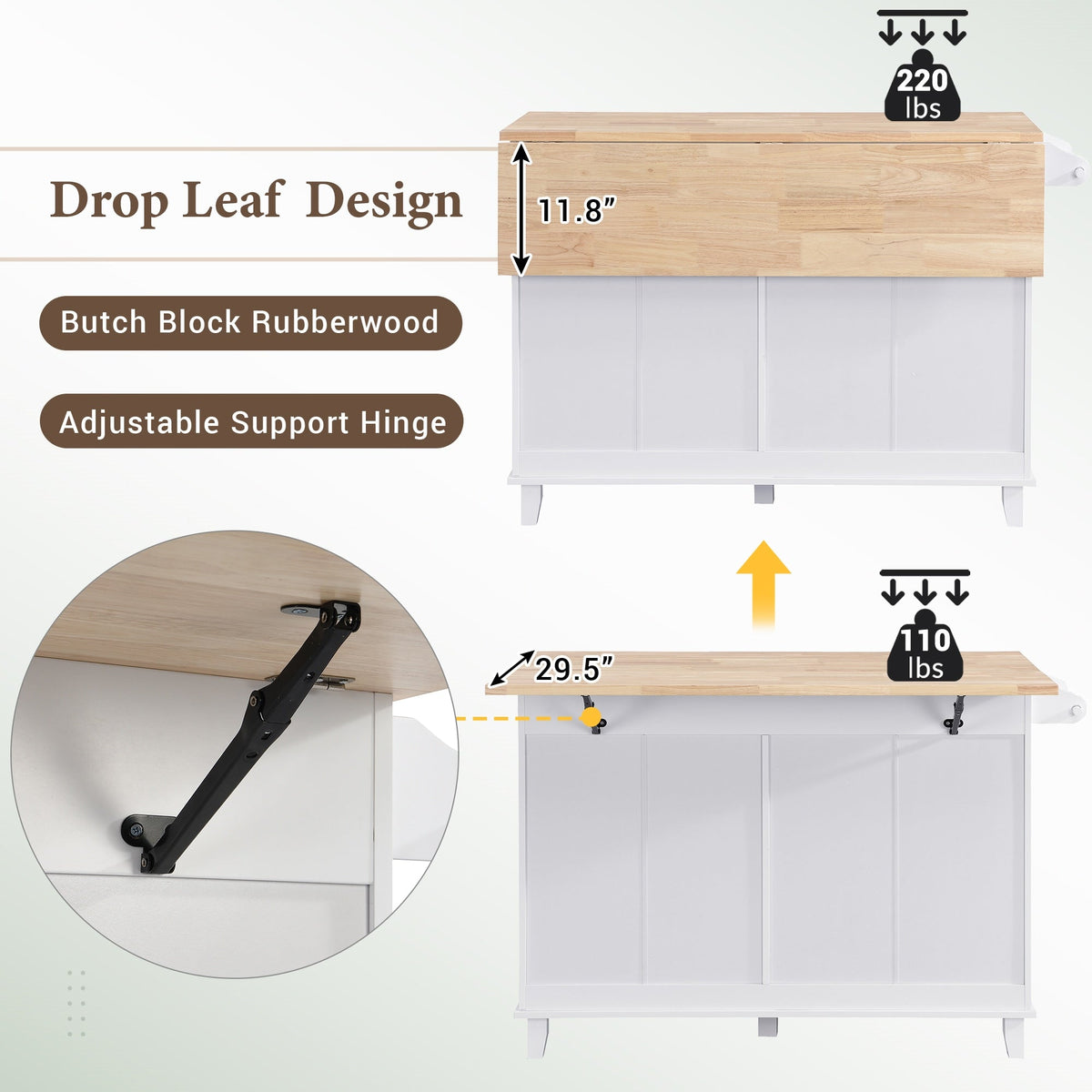 BABOOM White Wood Base with Wood Top Kitchen Island (29.5-in x 50.3-in x 36.6-in)