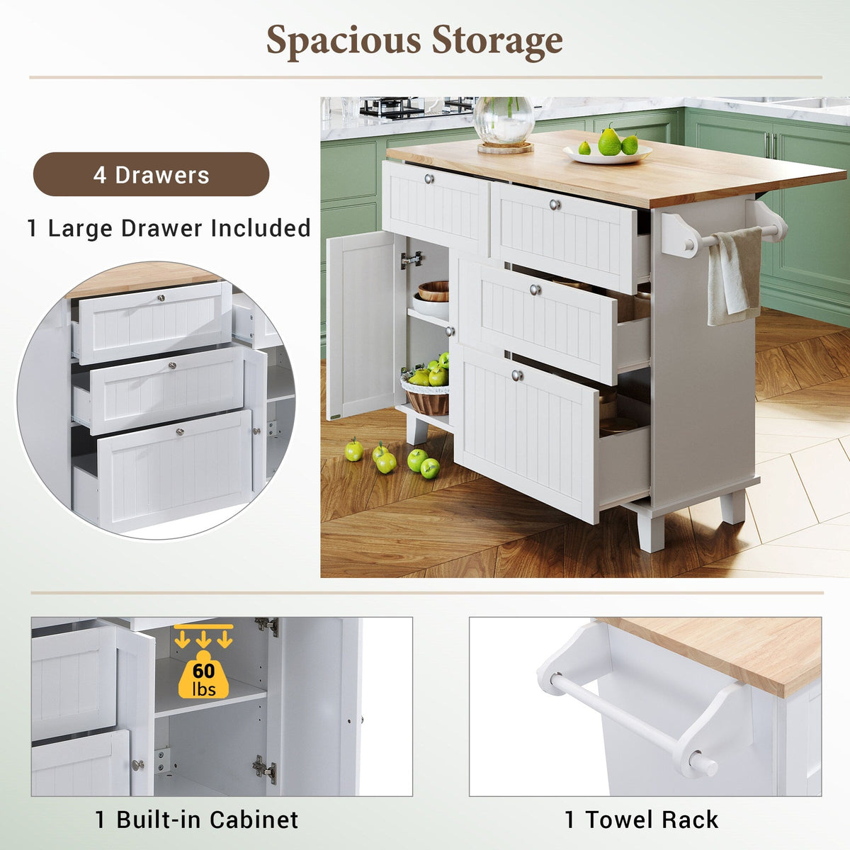 BABOOM White Wood Base with Wood Top Kitchen Island (29.5-in x 50.3-in x 36.6-in)