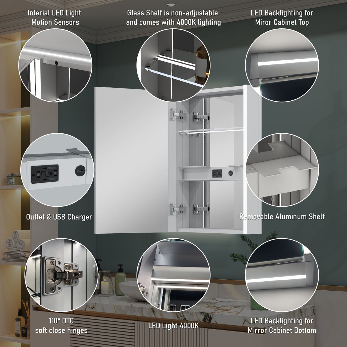 WELLFOR CHIC 20-in x 30-in Lighted LED Fog Free Surface Mount Black Mirrored Soft Close Medicine Cabinet with Outlet