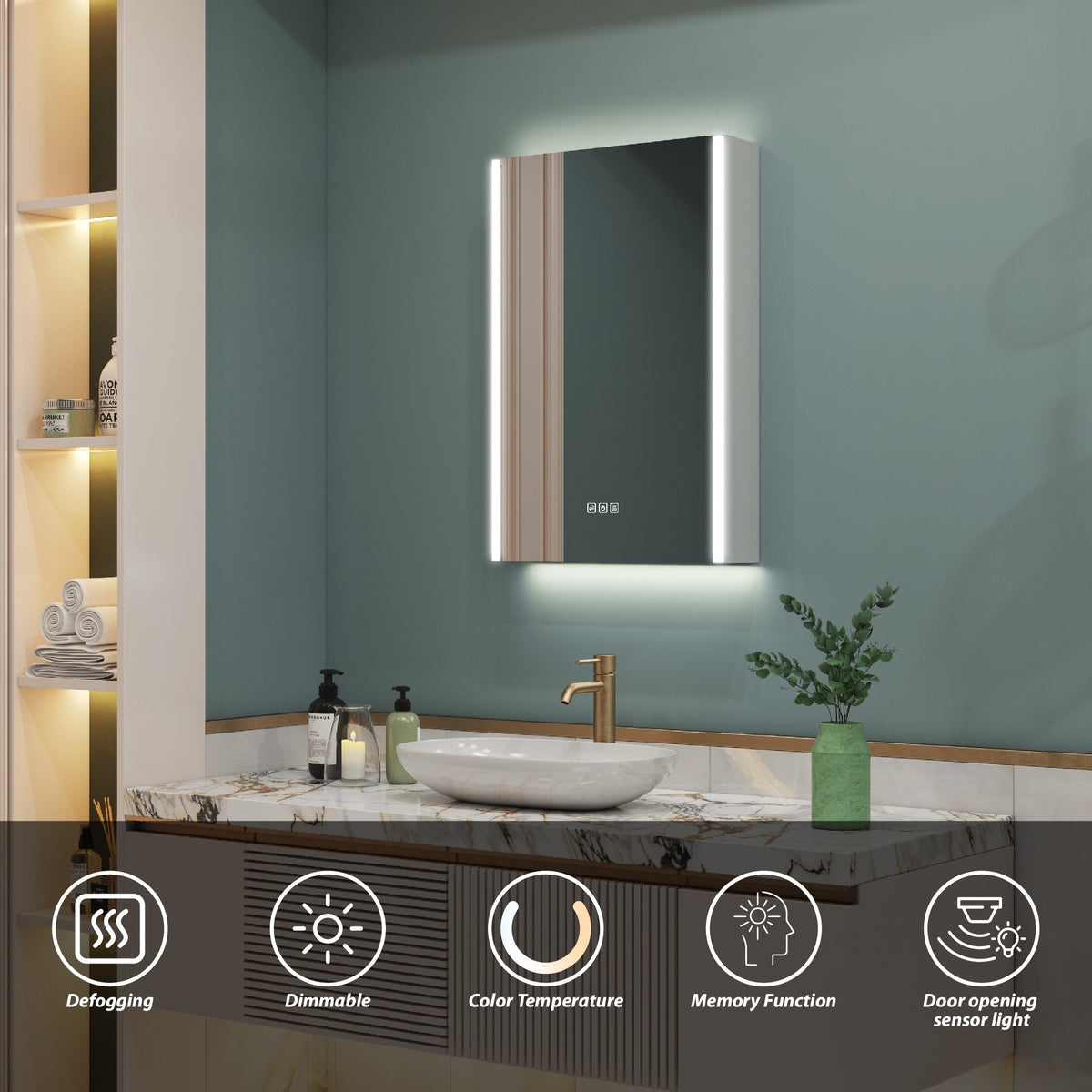 WELLFOR CHIC 20-in x 30-in Lighted LED Fog Free Surface Mount Black Mirrored Soft Close Medicine Cabinet with Outlet