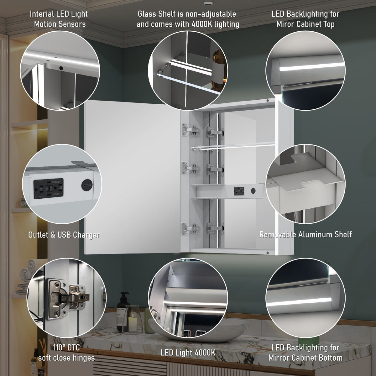 WELLFOR CHIC 24-in x 30-in Lighted LED Fog Free Surface Mount Black Mirrored Soft Close Medicine Cabinet with Outlet