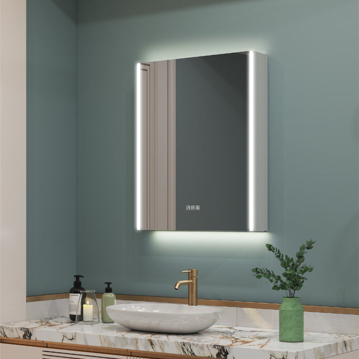 WELLFOR CHIC 24-in x 30-in Lighted LED Fog Free Surface Mount Black Mirrored Soft Close Medicine Cabinet with Outlet