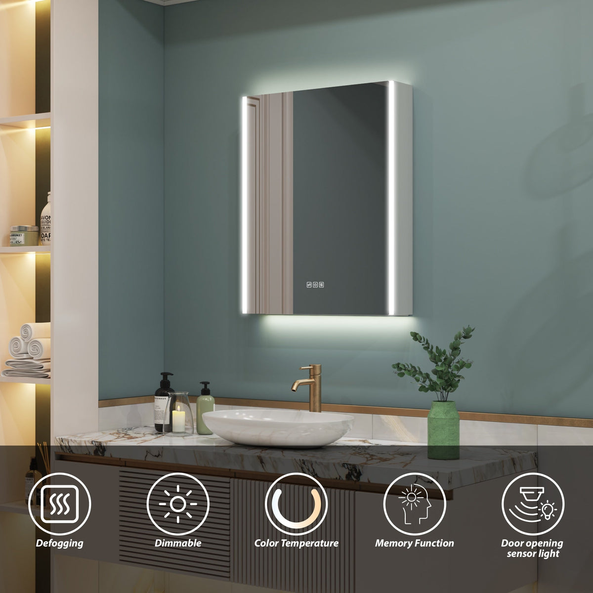 WELLFOR CHIC 24-in x 30-in Lighted LED Fog Free Surface Mount Black Mirrored Soft Close Medicine Cabinet with Outlet