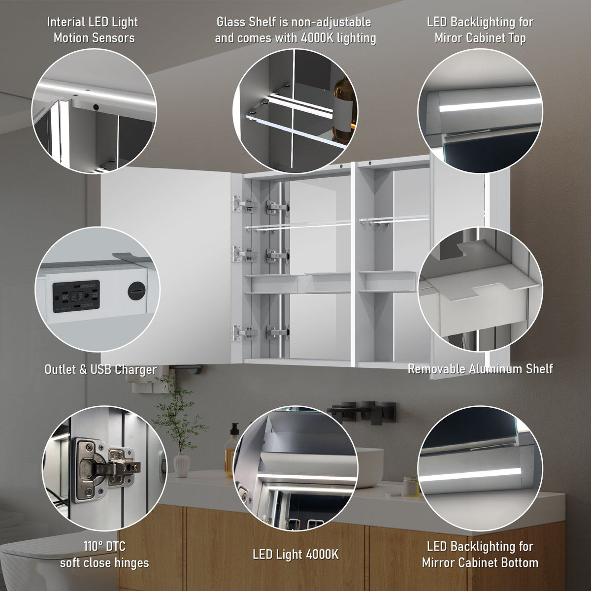 WELLFOR CHIC 48-in x 30-in Lighted LED Fog Free Surface Mount Black Mirrored Soft Close Medicine Cabinet with Outlet