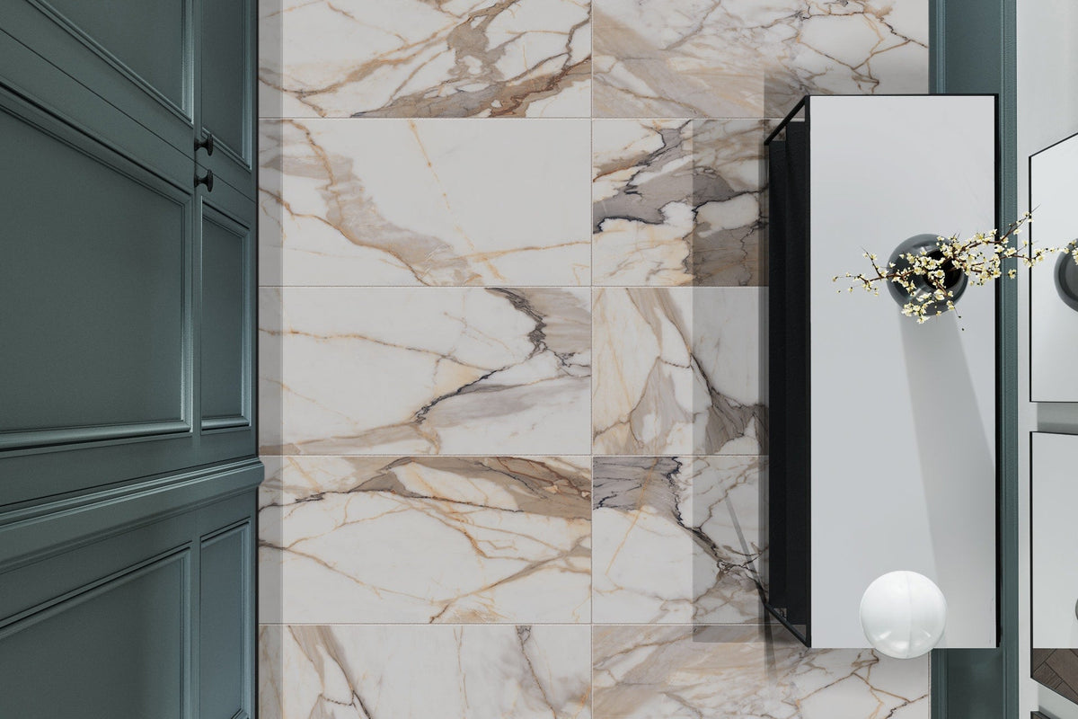Satori Calacatta Dorado 24-in x 48-in Polished Porcelain Marble Look Floor and Wall Tile (7.75-sq. ft/ Piece)