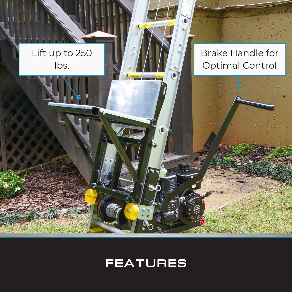 Tie Down TranzPorter TP250 Roofing Platform Ladder Hoist with Honda Engine, 44-ft Reach, 250-lb Capacity
