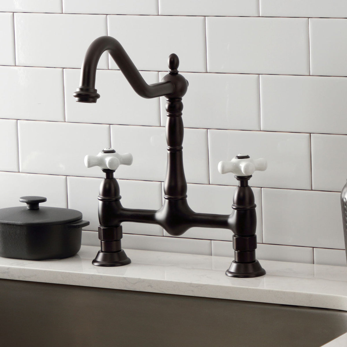 Elements of Design Oil-Rubbed Bronze 2-Handle Deck-Mount Bridge Kitchen Faucet with Porcelain Cross Handles
