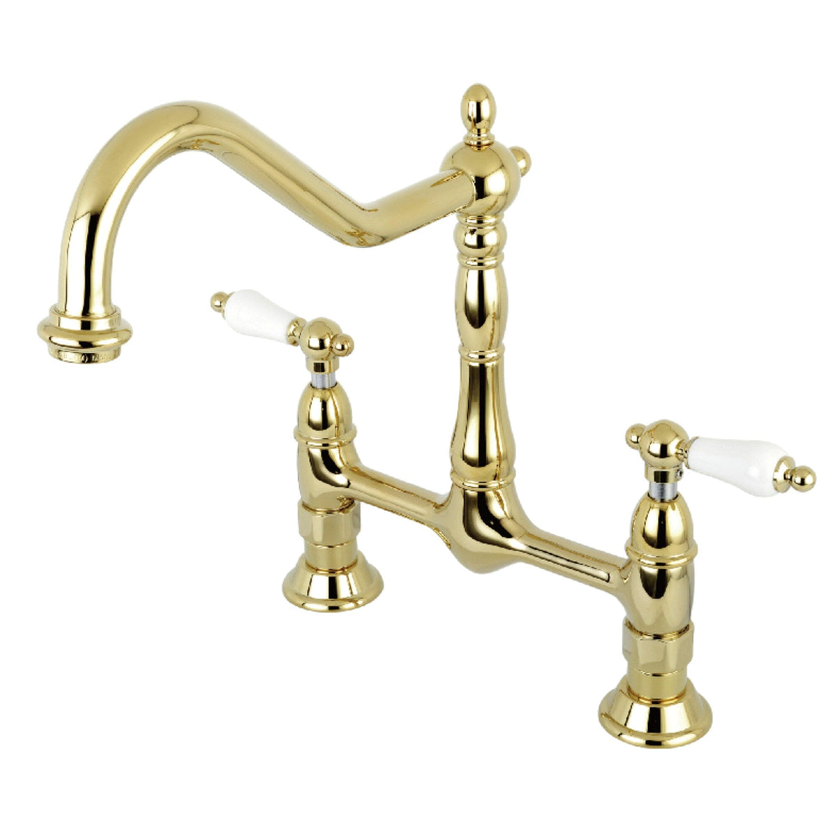 Elements of Design Polished Brass 2-Handle Deck-Mount Bridge Kitchen Faucet with Porcelain Lever Handles