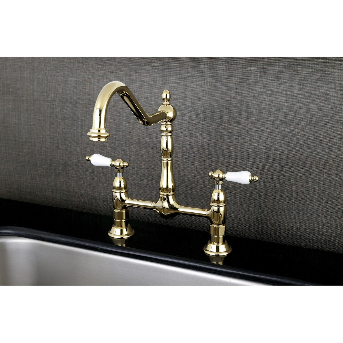 Elements of Design Polished Brass 2-Handle Deck-Mount Bridge Kitchen Faucet with Porcelain Lever Handles