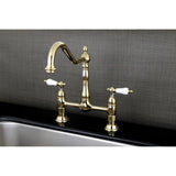 Elements of Design Polished Brass 2-Handle Deck-Mount Bridge Kitchen Faucet with Porcelain Lever Handles