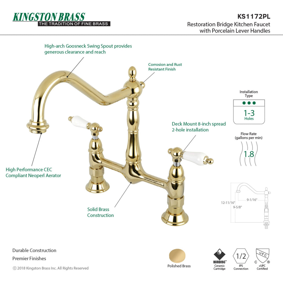 Elements of Design Polished Brass 2-Handle Deck-Mount Bridge Kitchen Faucet with Porcelain Lever Handles