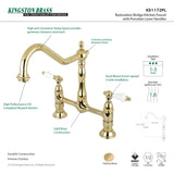 Elements of Design Polished Brass 2-Handle Deck-Mount Bridge Kitchen Faucet with Porcelain Lever Handles
