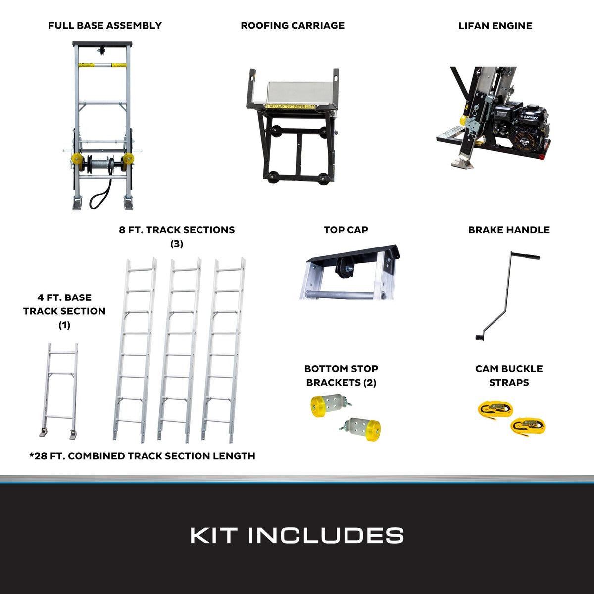 Tie Down TranzPorter TP400 Roofing Platform Ladder Hoist with Lifan Gas Engine, 28-ft Track, 400-lb Capacity