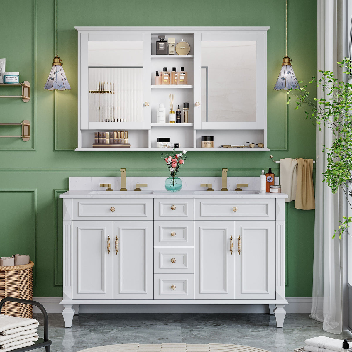 WELLFOR V1 Solid Wood 55-in x 35-in Surface Mount White Mirrored Soft Close Medicine Cabinet