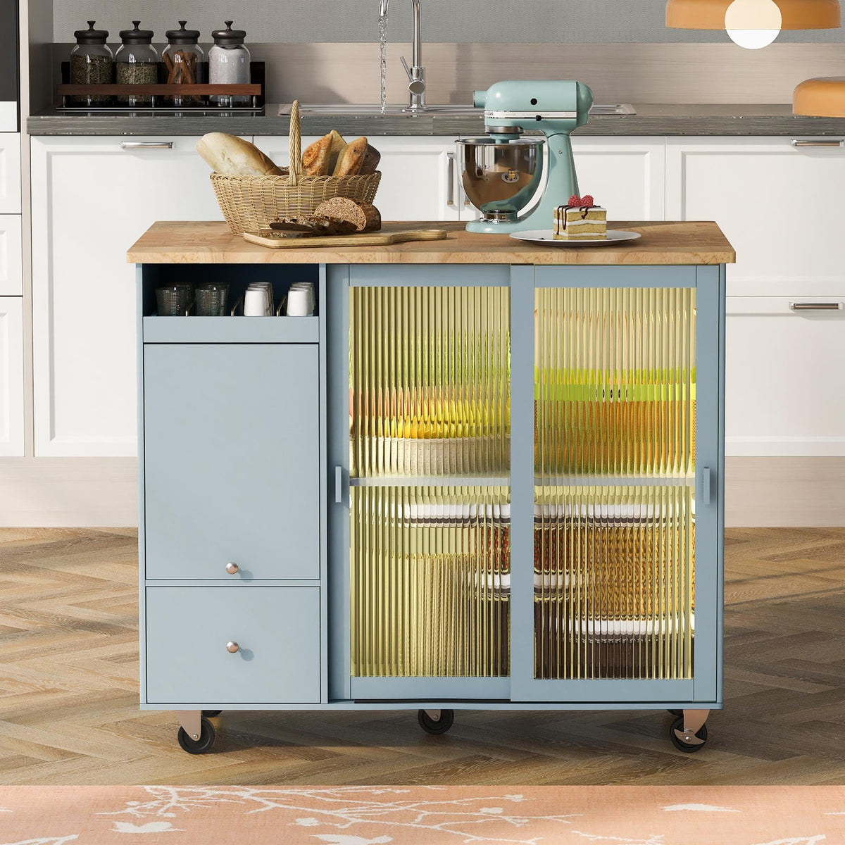 Bayfeve Grey Blue Kitchen Island with Drop Leaf, LED Light Kitchen Cart on Wheels with 2 Fluted Glass Doors and 1 Flip Cabinet Door, Large Kitchen Island Cart with an Adjustable Shelf and 2 Drawers