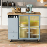 Bayfeve Grey Blue Kitchen Island with Drop Leaf, LED Light Kitchen Cart on Wheels with 2 Fluted Glass Doors and 1 Flip Cabinet Door, Large Kitchen Island Cart with an Adjustable Shelf and 2 Drawers