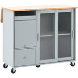 Bayfeve Grey Blue Kitchen Island with Drop Leaf, LED Light Kitchen Cart on Wheels with 2 Fluted Glass Doors and 1 Flip Cabinet Door, Large Kitchen Island Cart with an Adjustable Shelf and 2 Drawers