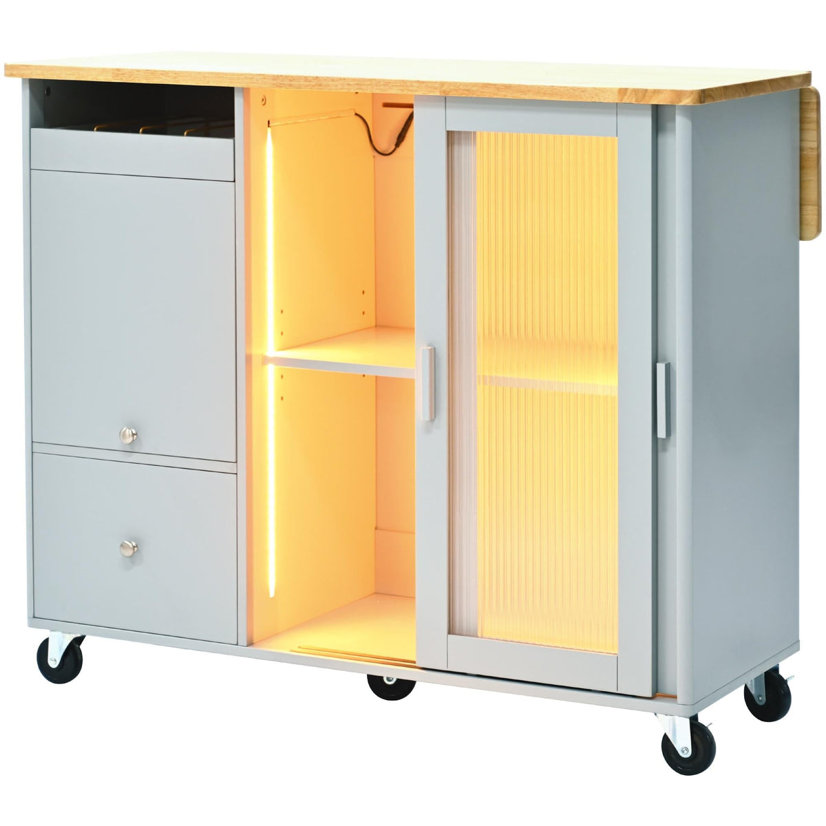 Bayfeve Grey Blue Kitchen Island with Drop Leaf, LED Light Kitchen Cart on Wheels with 2 Fluted Glass Doors and 1 Flip Cabinet Door, Large Kitchen Island Cart with an Adjustable Shelf and 2 Drawers