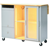 Bayfeve Grey Blue Kitchen Island with Drop Leaf, LED Light Kitchen Cart on Wheels with 2 Fluted Glass Doors and 1 Flip Cabinet Door, Large Kitchen Island Cart with an Adjustable Shelf and 2 Drawers