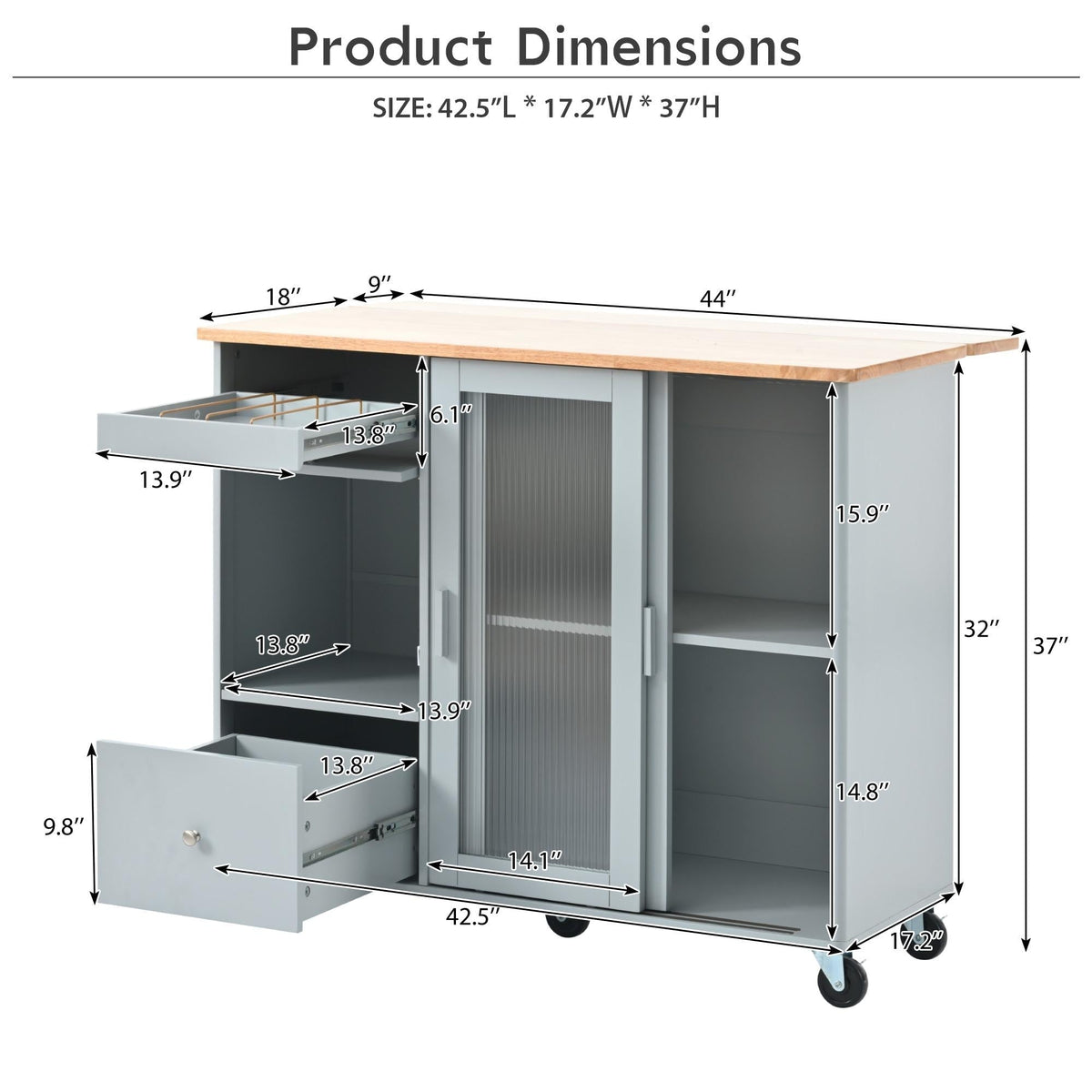 Bayfeve Grey Blue Kitchen Island with Drop Leaf, LED Light Kitchen Cart on Wheels with 2 Fluted Glass Doors and 1 Flip Cabinet Door, Large Kitchen Island Cart with an Adjustable Shelf and 2 Drawers