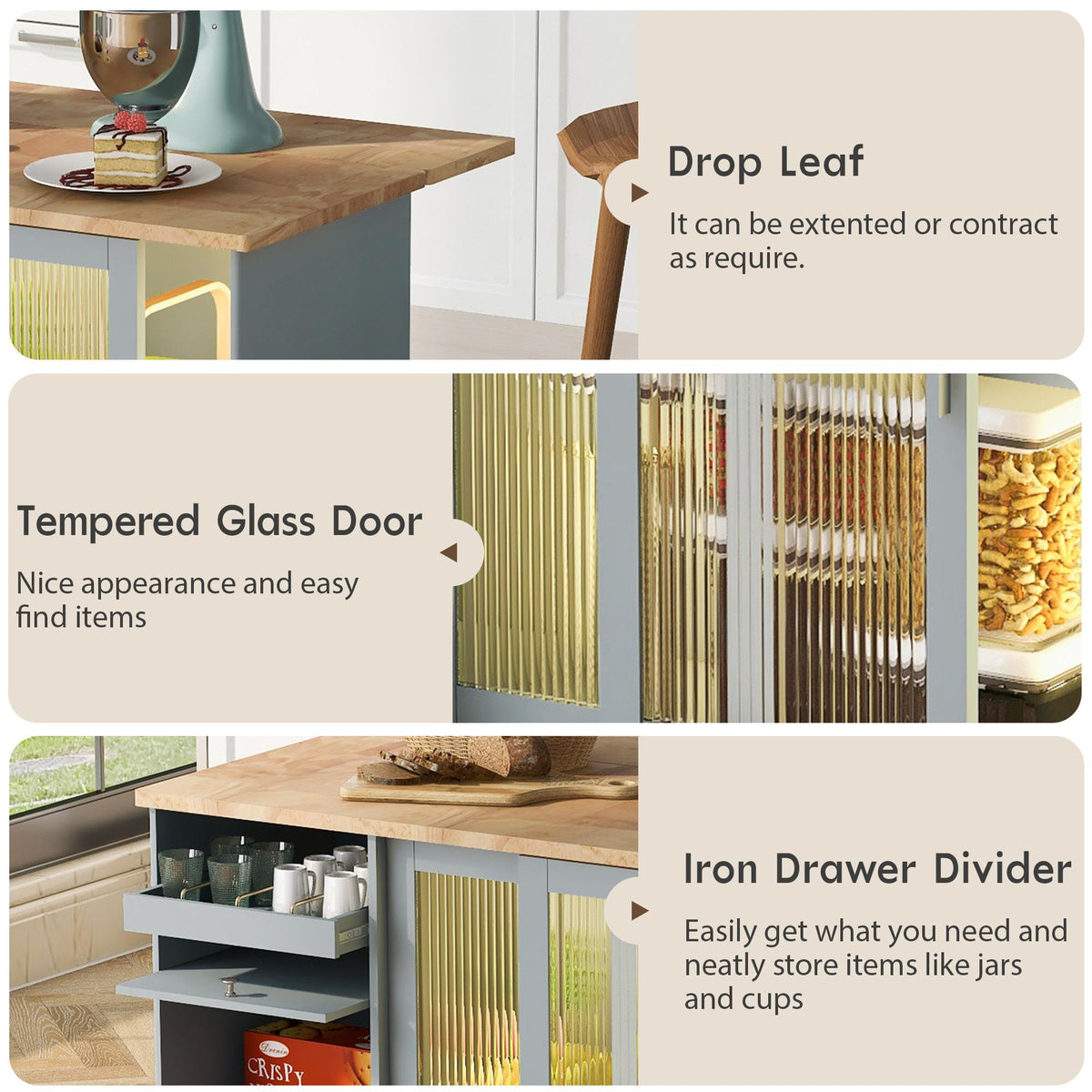 Bayfeve Grey Blue Kitchen Island with Drop Leaf, LED Light Kitchen Cart on Wheels with 2 Fluted Glass Doors and 1 Flip Cabinet Door, Large Kitchen Island Cart with an Adjustable Shelf and 2 Drawers