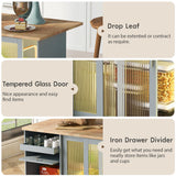 Bayfeve Grey Blue Kitchen Island with Drop Leaf, LED Light Kitchen Cart on Wheels with 2 Fluted Glass Doors and 1 Flip Cabinet Door, Large Kitchen Island Cart with an Adjustable Shelf and 2 Drawers