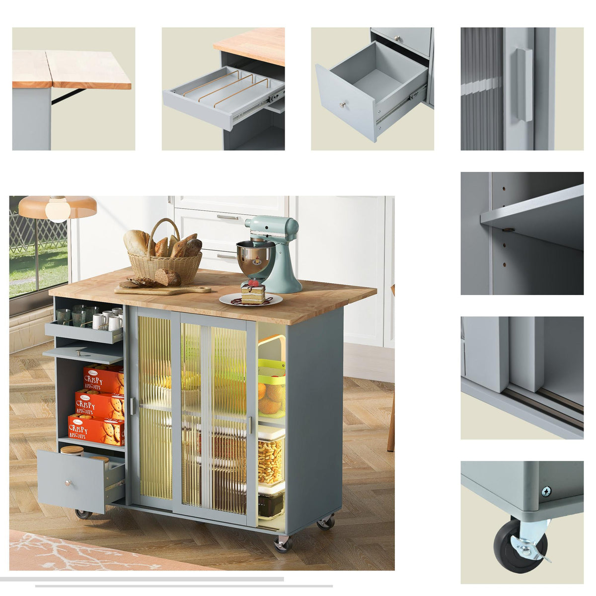 Bayfeve Grey Blue Kitchen Island with Drop Leaf, LED Light Kitchen Cart on Wheels with 2 Fluted Glass Doors and 1 Flip Cabinet Door, Large Kitchen Island Cart with an Adjustable Shelf and 2 Drawers