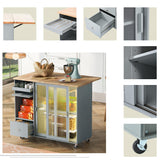 Bayfeve Grey Blue Kitchen Island with Drop Leaf, LED Light Kitchen Cart on Wheels with 2 Fluted Glass Doors and 1 Flip Cabinet Door, Large Kitchen Island Cart with an Adjustable Shelf and 2 Drawers