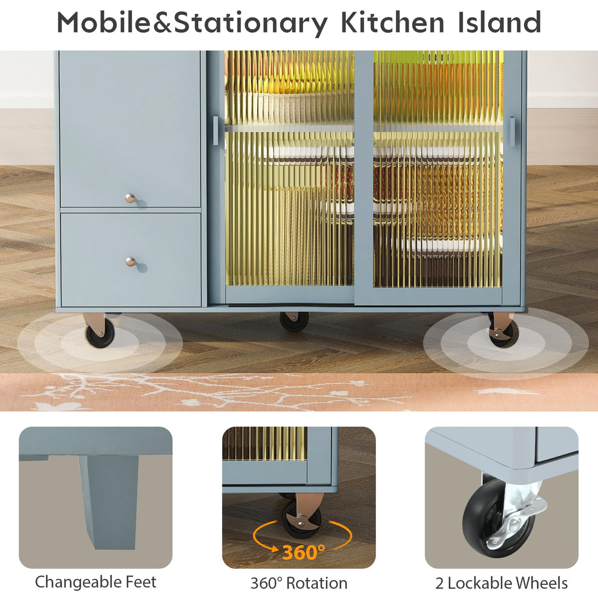 Bayfeve Grey Blue Kitchen Island with Drop Leaf, LED Light Kitchen Cart on Wheels with 2 Fluted Glass Doors and 1 Flip Cabinet Door, Large Kitchen Island Cart with an Adjustable Shelf and 2 Drawers