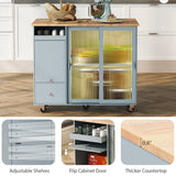 Bayfeve Grey Blue Kitchen Island with Drop Leaf, LED Light Kitchen Cart on Wheels with 2 Fluted Glass Doors and 1 Flip Cabinet Door, Large Kitchen Island Cart with an Adjustable Shelf and 2 Drawers