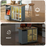Bayfeve Grey Blue Kitchen Island with Drop Leaf, LED Light Kitchen Cart on Wheels with 2 Fluted Glass Doors and 1 Flip Cabinet Door, Large Kitchen Island Cart with an Adjustable Shelf and 2 Drawers
