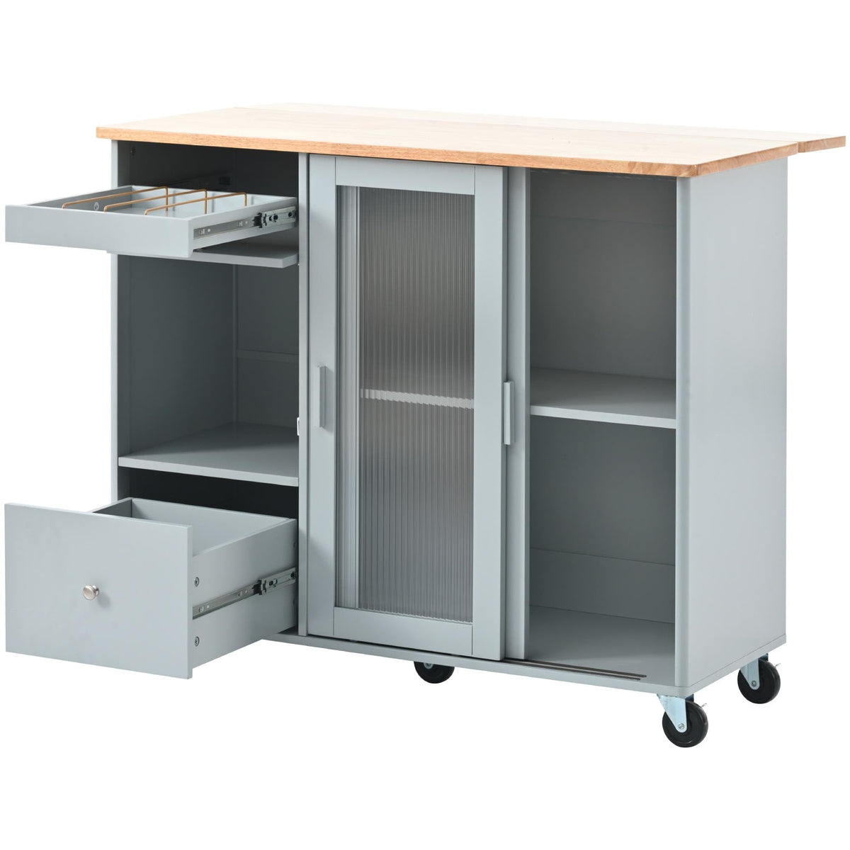 Bayfeve Grey Blue Kitchen Island with Drop Leaf, LED Light Kitchen Cart on Wheels with 2 Fluted Glass Doors and 1 Flip Cabinet Door, Large Kitchen Island Cart with an Adjustable Shelf and 2 Drawers