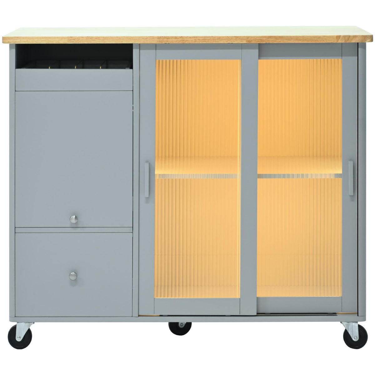 Bayfeve Grey Blue Kitchen Island with Drop Leaf, LED Light Kitchen Cart on Wheels with 2 Fluted Glass Doors and 1 Flip Cabinet Door, Large Kitchen Island Cart with an Adjustable Shelf and 2 Drawers