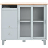 Bayfeve Grey Blue Kitchen Island with Drop Leaf, LED Light Kitchen Cart on Wheels with 2 Fluted Glass Doors and 1 Flip Cabinet Door, Large Kitchen Island Cart with an Adjustable Shelf and 2 Drawers