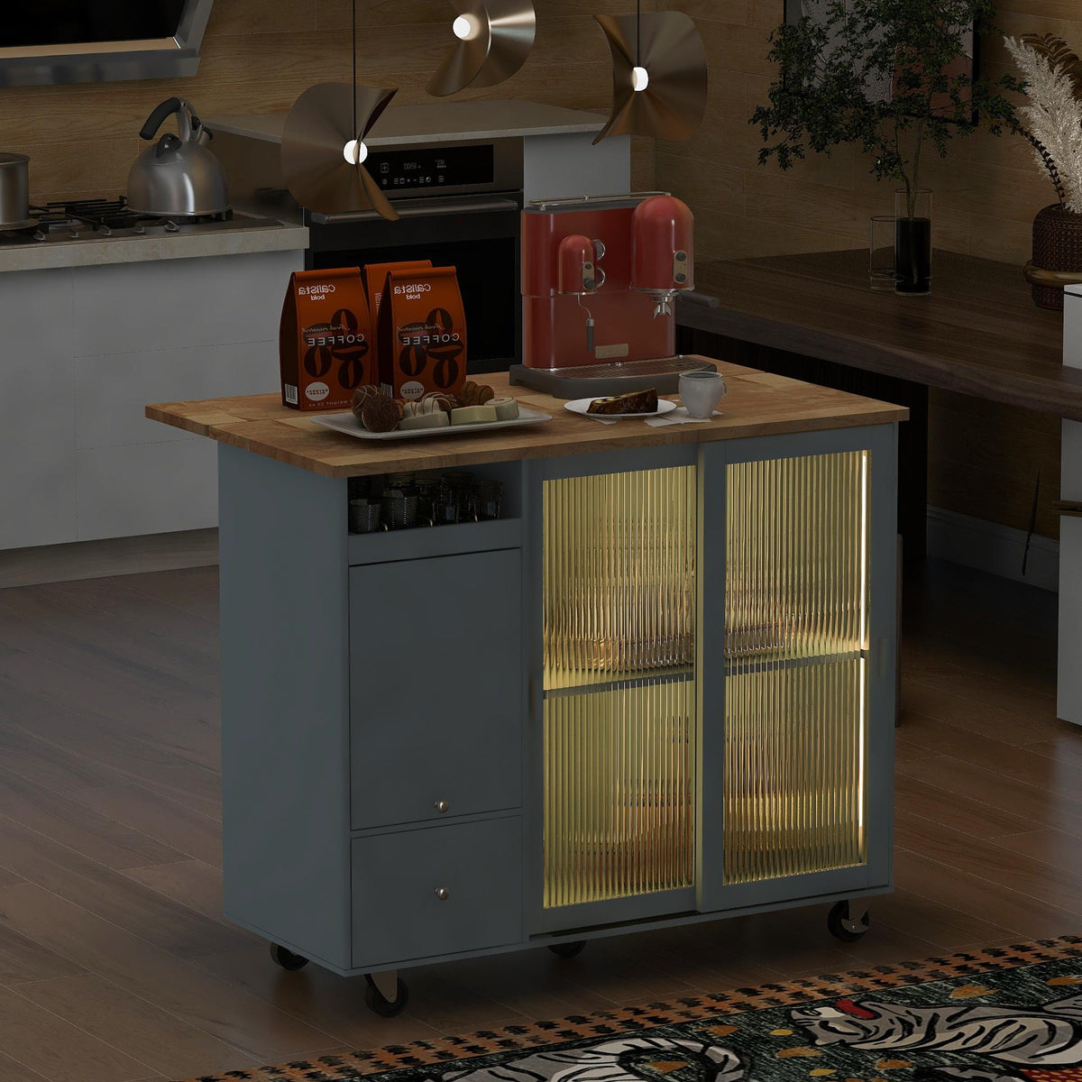 Bayfeve Grey Blue Kitchen Island with Drop Leaf, LED Light Kitchen Cart on Wheels with 2 Fluted Glass Doors and 1 Flip Cabinet Door, Large Kitchen Island Cart with an Adjustable Shelf and 2 Drawers