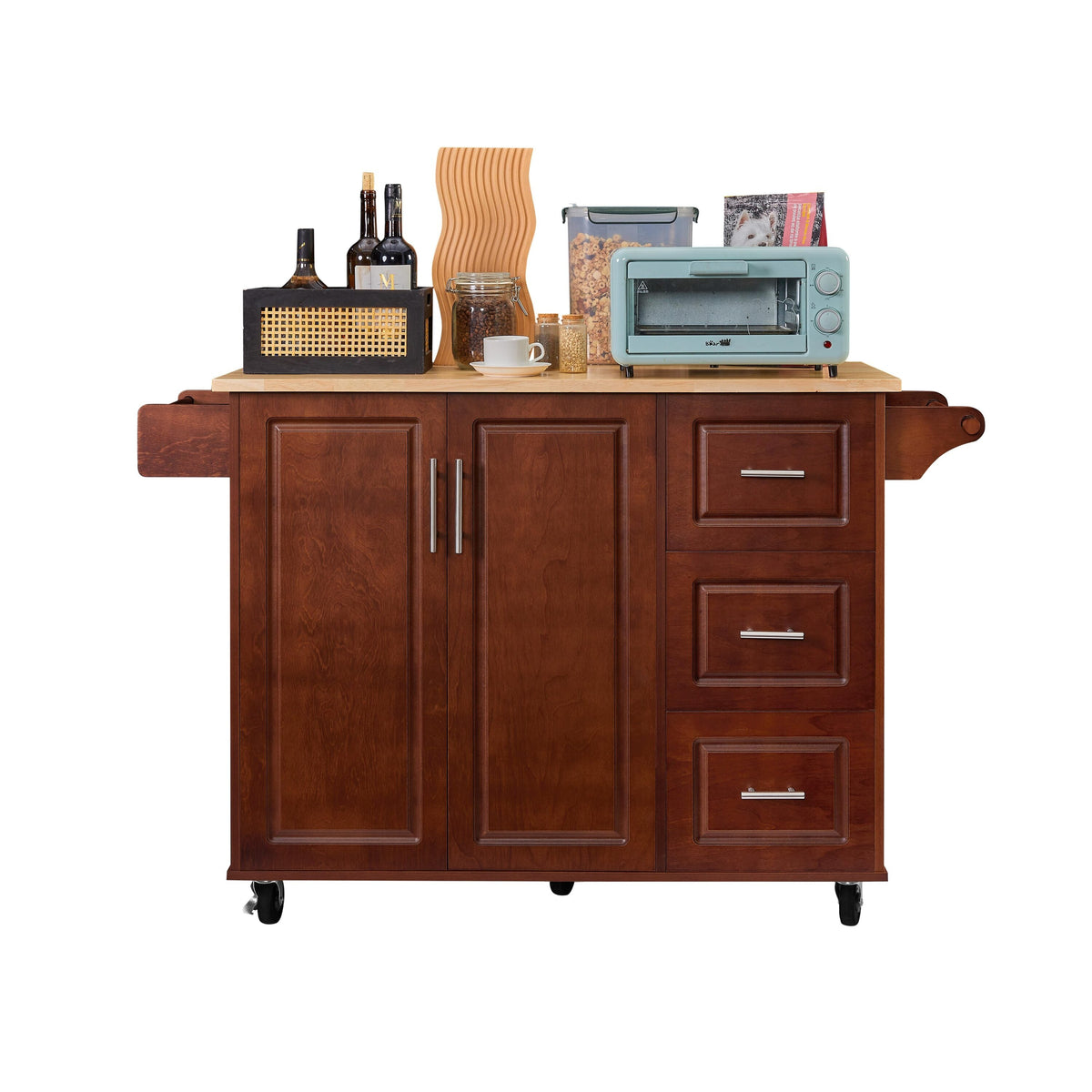 Bayfeve Retro Brown Rolling Kitchen Island with Drop Leaf Countertop, with Storage Cabinet and Tower Rack