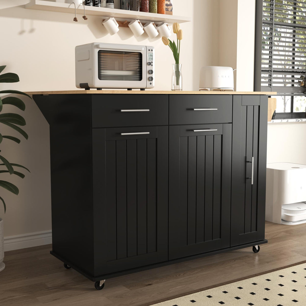 Bayfeve Kitchen Island with Drop Leaf, Kitchen Storage Cart with 3 Tier Pull Out Cabinet Organizer, Internal Storage Rack, Rolling Kitchen Cart on Wheels with Towel Rack, 2 Drawers, for Kitchen, Black