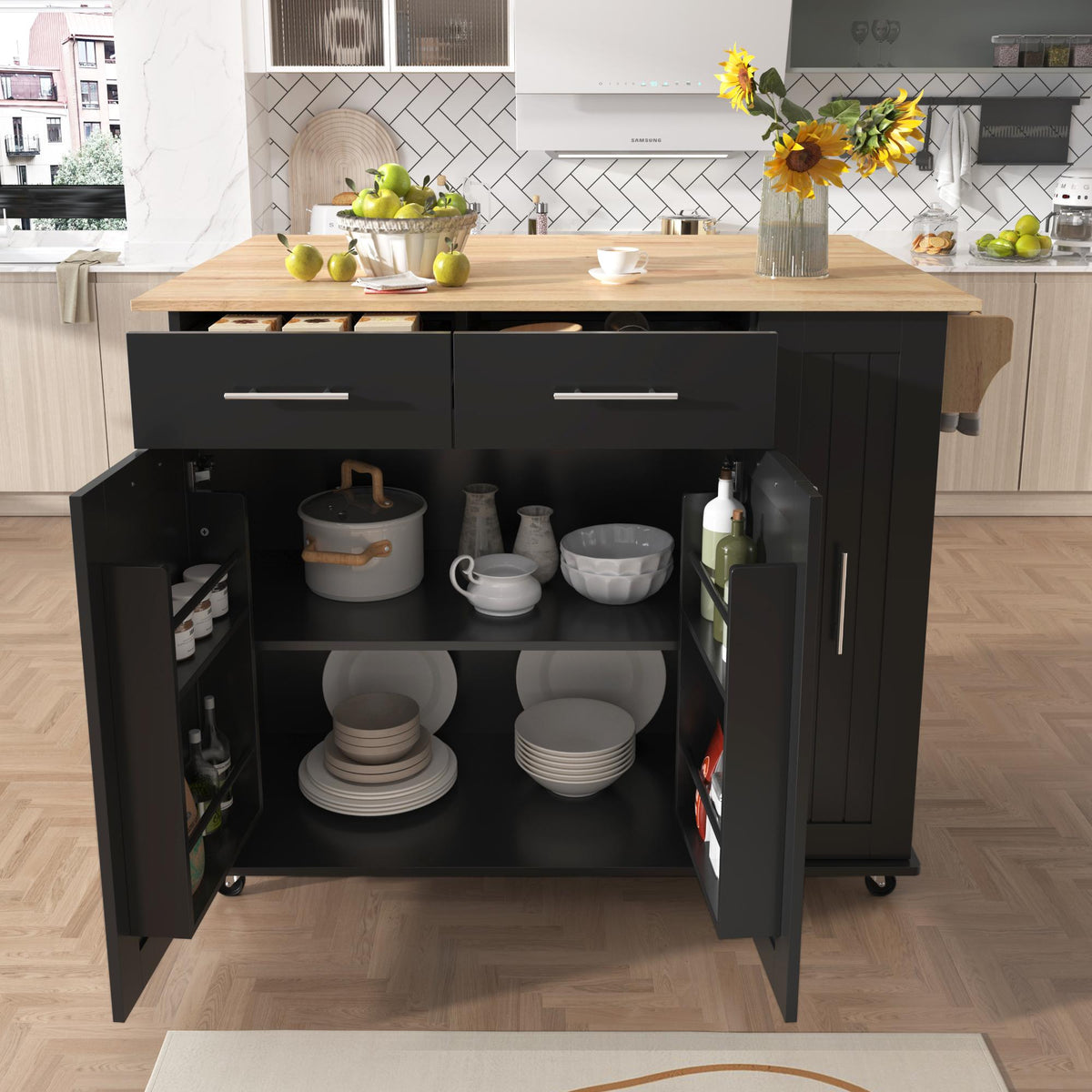 Bayfeve Kitchen Island with Drop Leaf, Kitchen Storage Cart with 3 Tier Pull Out Cabinet Organizer, Internal Storage Rack, Rolling Kitchen Cart on Wheels with Towel Rack, 2 Drawers, for Kitchen, Black