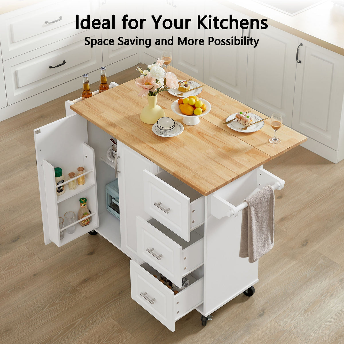 Bayfeve White Rolling Kitchen Island with Drop Leaf Countertop, with Storage Cabinet and Tower Rack