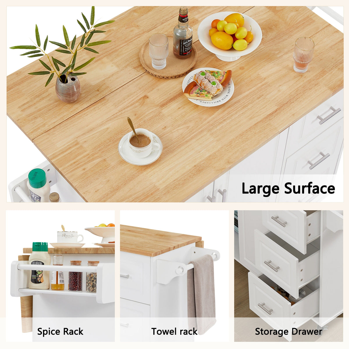 Bayfeve White Rolling Kitchen Island with Drop Leaf Countertop, with Storage Cabinet and Tower Rack