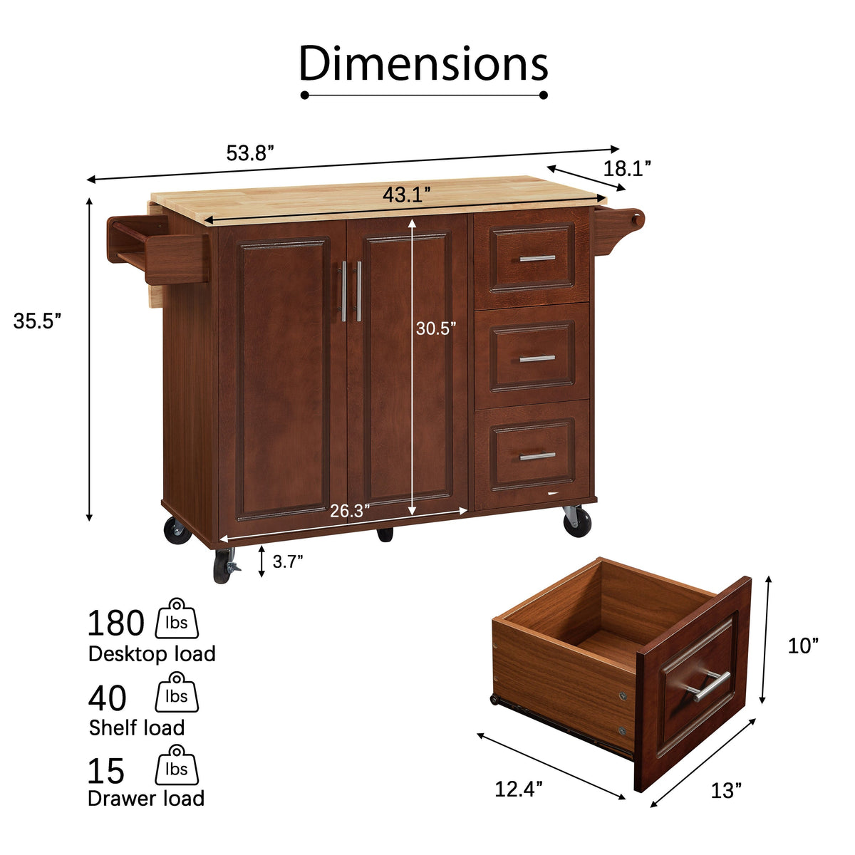 Bayfeve Retro Brown Rolling Kitchen Island with Drop Leaf Countertop, with Storage Cabinet and Tower Rack