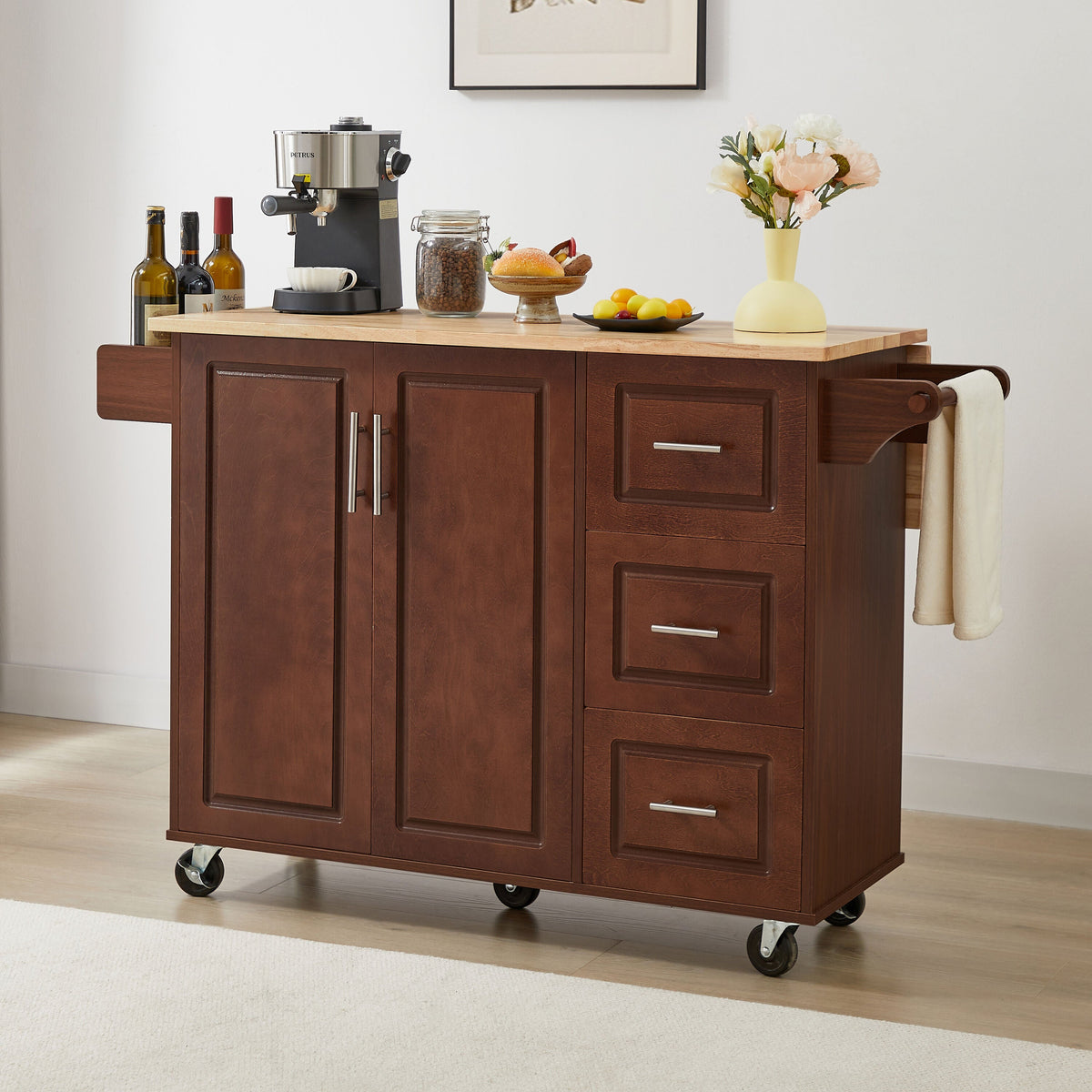 Bayfeve Retro Brown Rolling Kitchen Island with Drop Leaf Countertop, with Storage Cabinet and Tower Rack